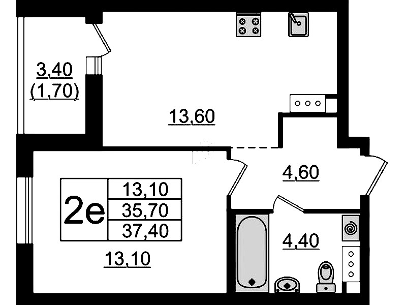 1-комнатная квартира 37.4 м², 5/9 эт., ЖК «А101 Лаголово»